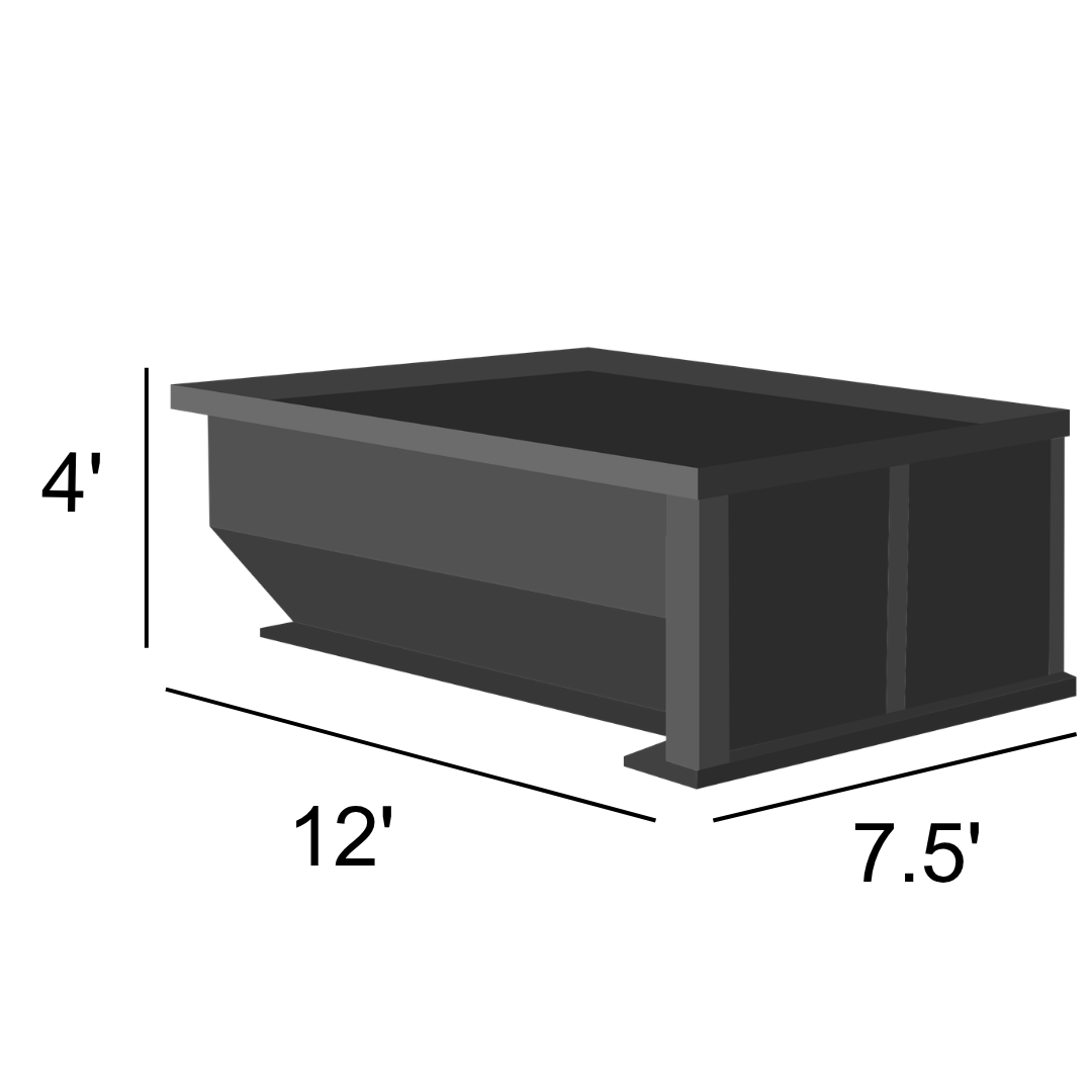 20-yard dumpster — 12' long, 7.5' wide, 4' tall